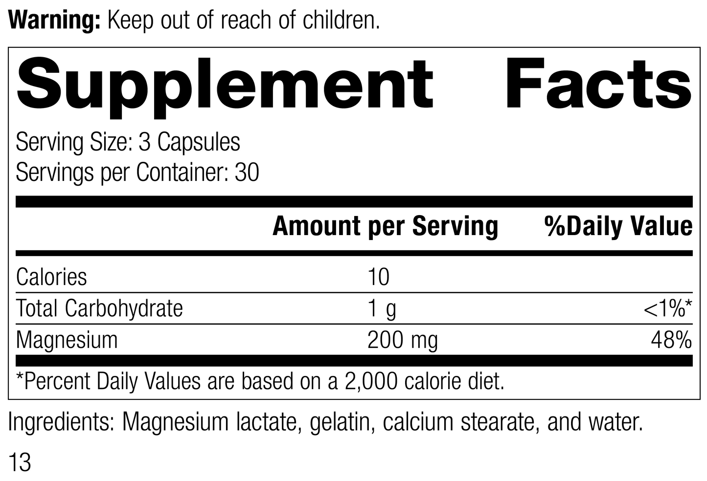 Magnesium Lactate Rev 11 Supplement Facts